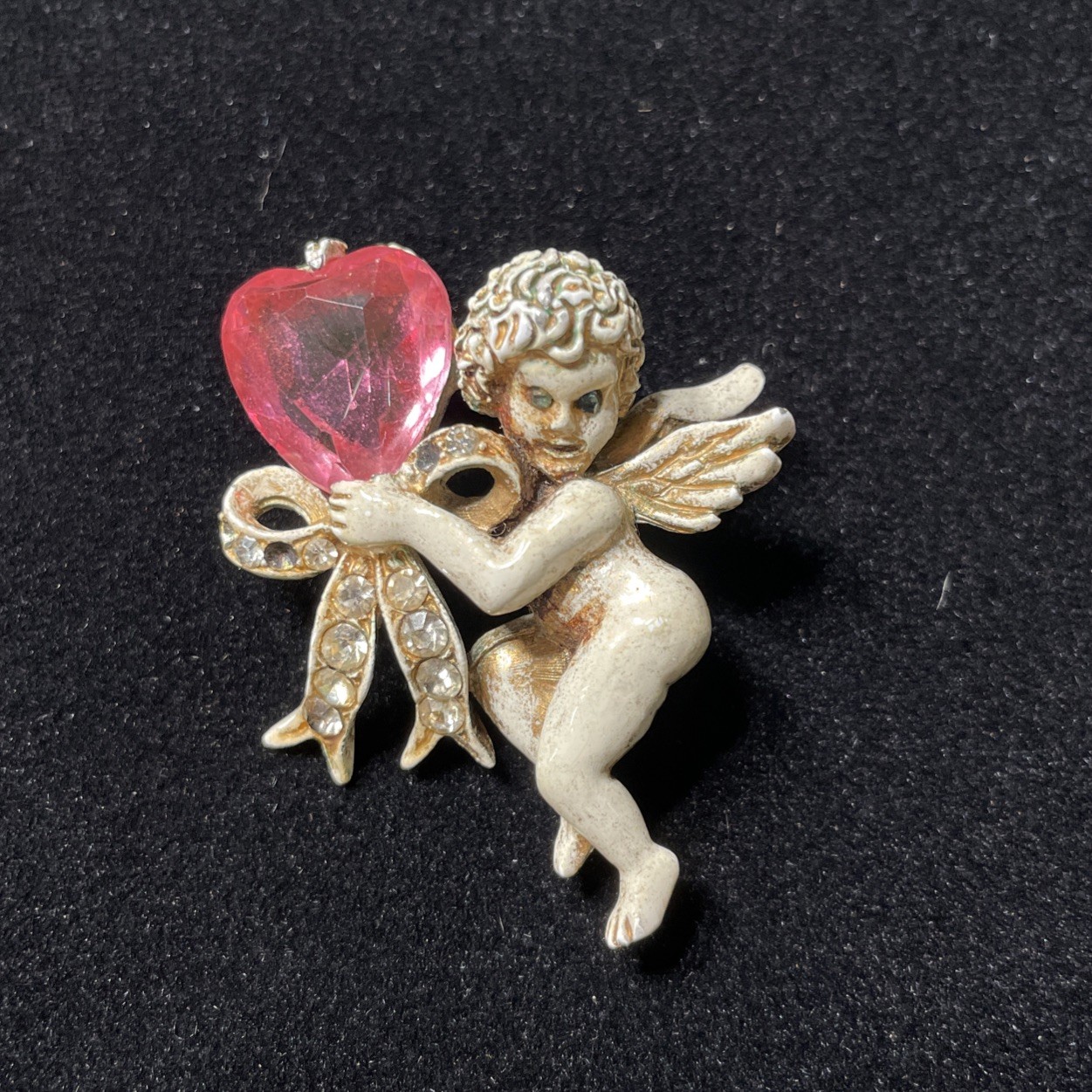 Vintage Florenza Pink Crystal Jeweled Heart white Tone Cherub Angel Pin Brooch