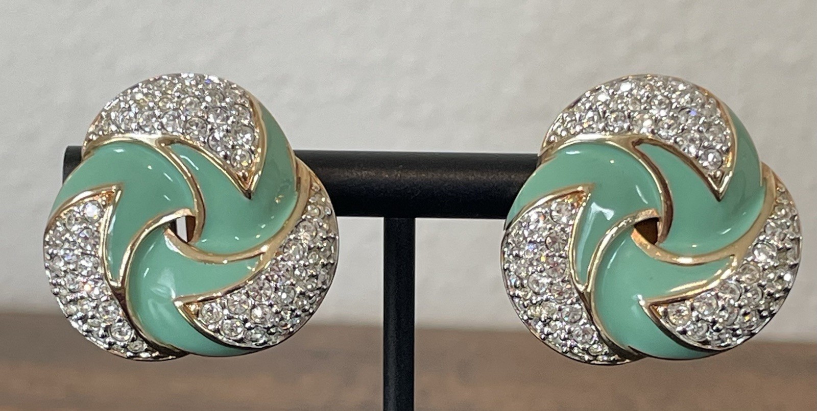 Vintage S.A.L. Green Enamel Swarovski Crystal Goldtone Clip-on Earrings