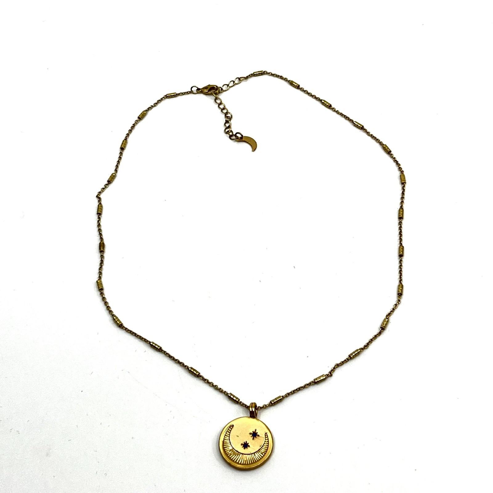 Vintage Gold Tone Celestial Crescent Moon Star Medallion Pendant Necklace Y2K