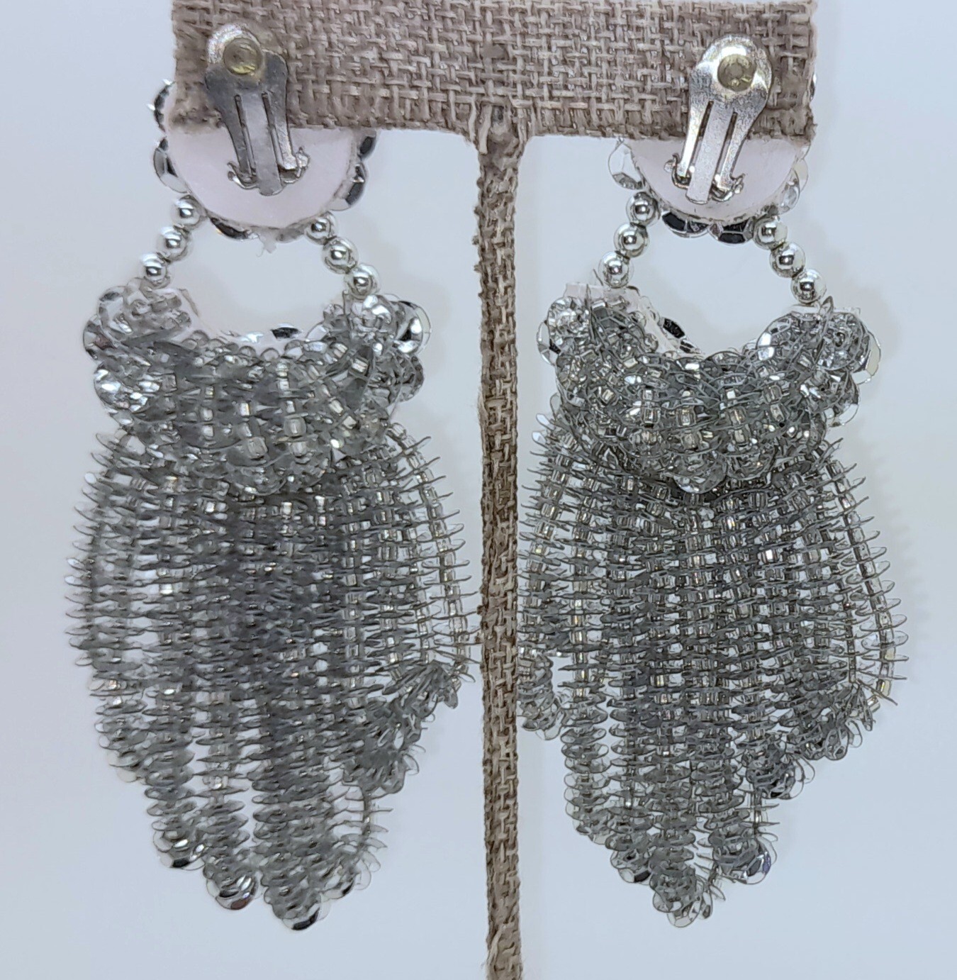 E304 Vintage long Handmade silver seed beaded sequins clip Drop fashion earrings