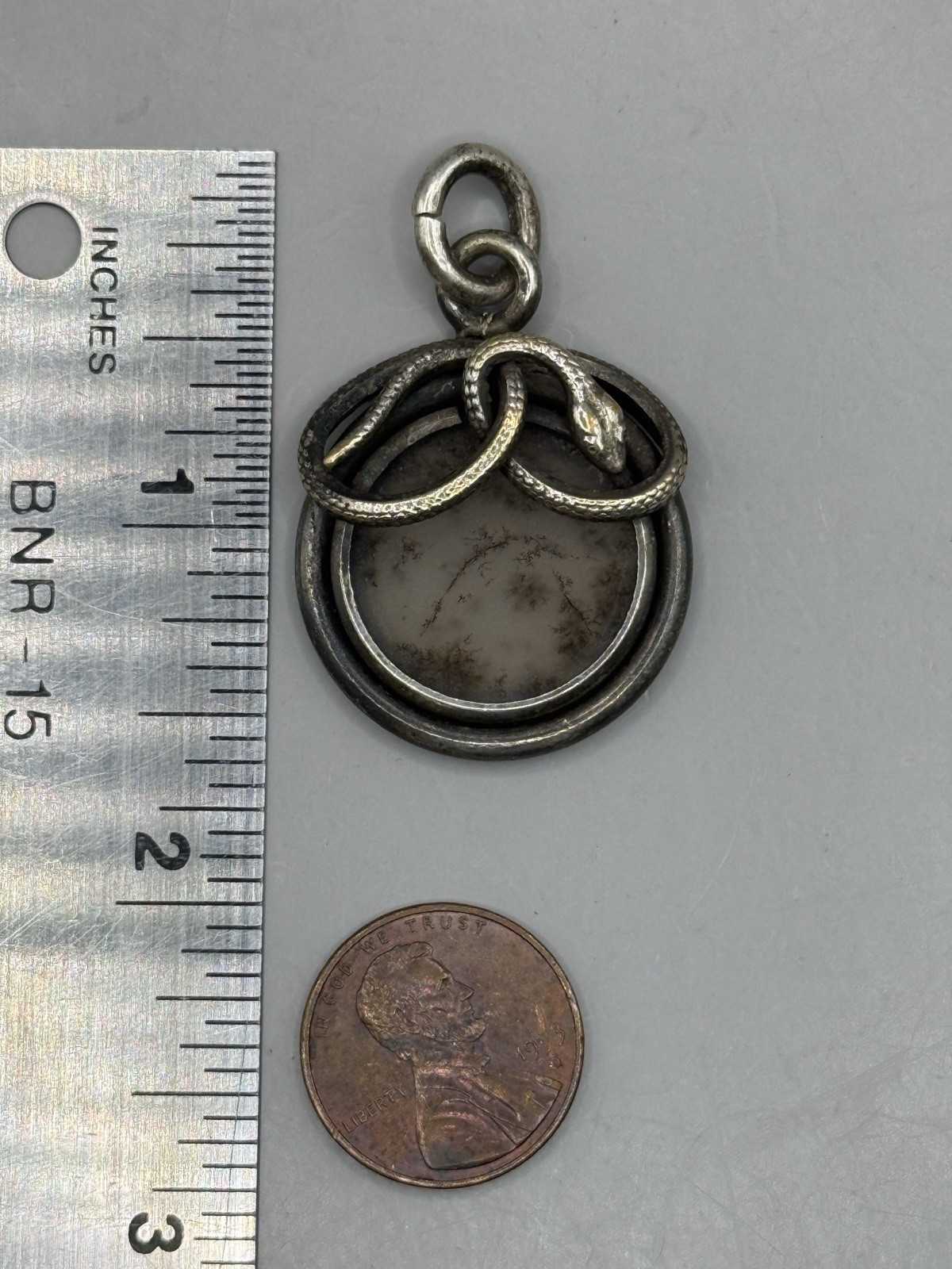 Antique Victorian Sterling Silver Snake Serpent Dendritic Agate Pendant