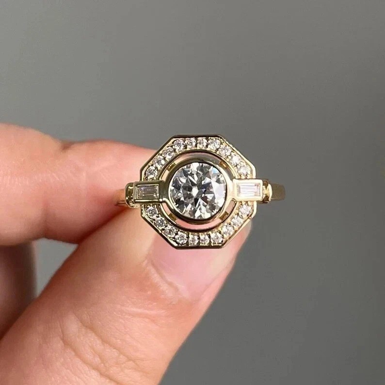 Art Deco Round Cut Lab Created Diamond Anniversary 14K Yellow Gold Finish Ring
