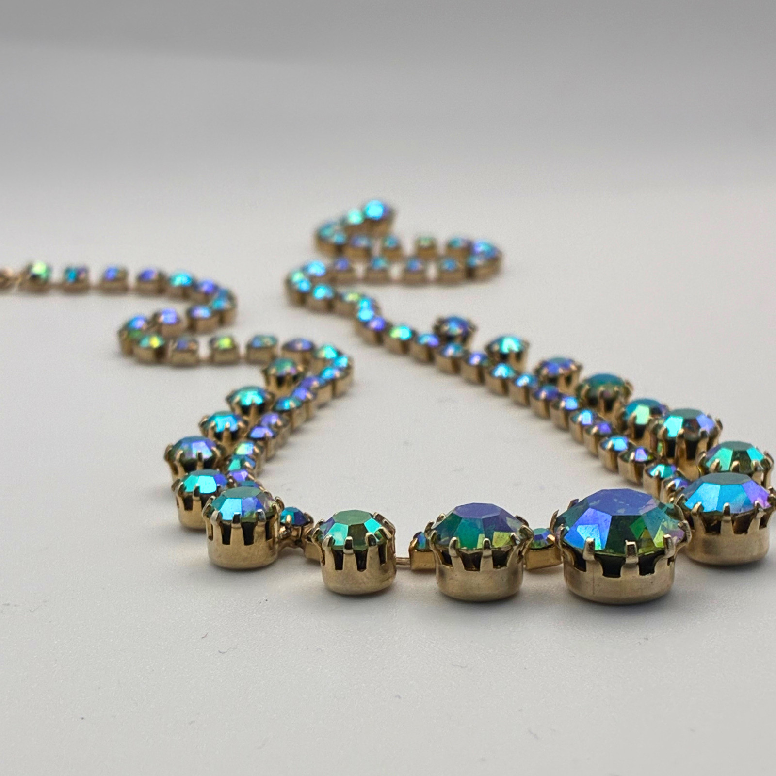 Vintage Aurora Borealis Rhinestone Fringe Necklace Brass Gold Tone 16″