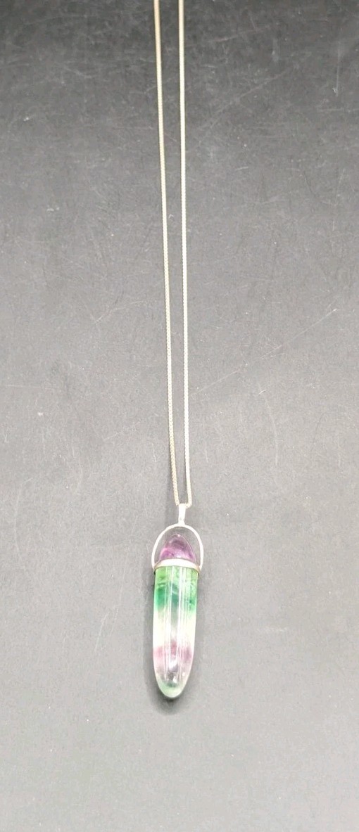Vintage Italian 925 Sterling Silver Rainbow Fluorite Pendant Necklace 24″ AGI