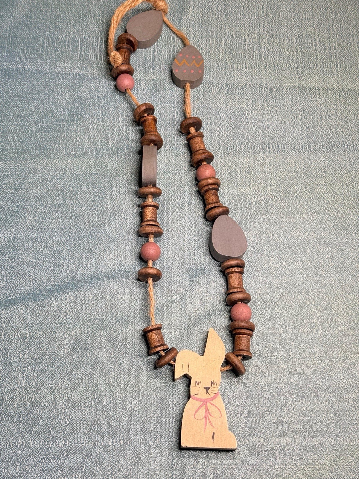 Vintage 90s Easter Bunny Wooden Handmade Necklace Easter Eggs Village Collect