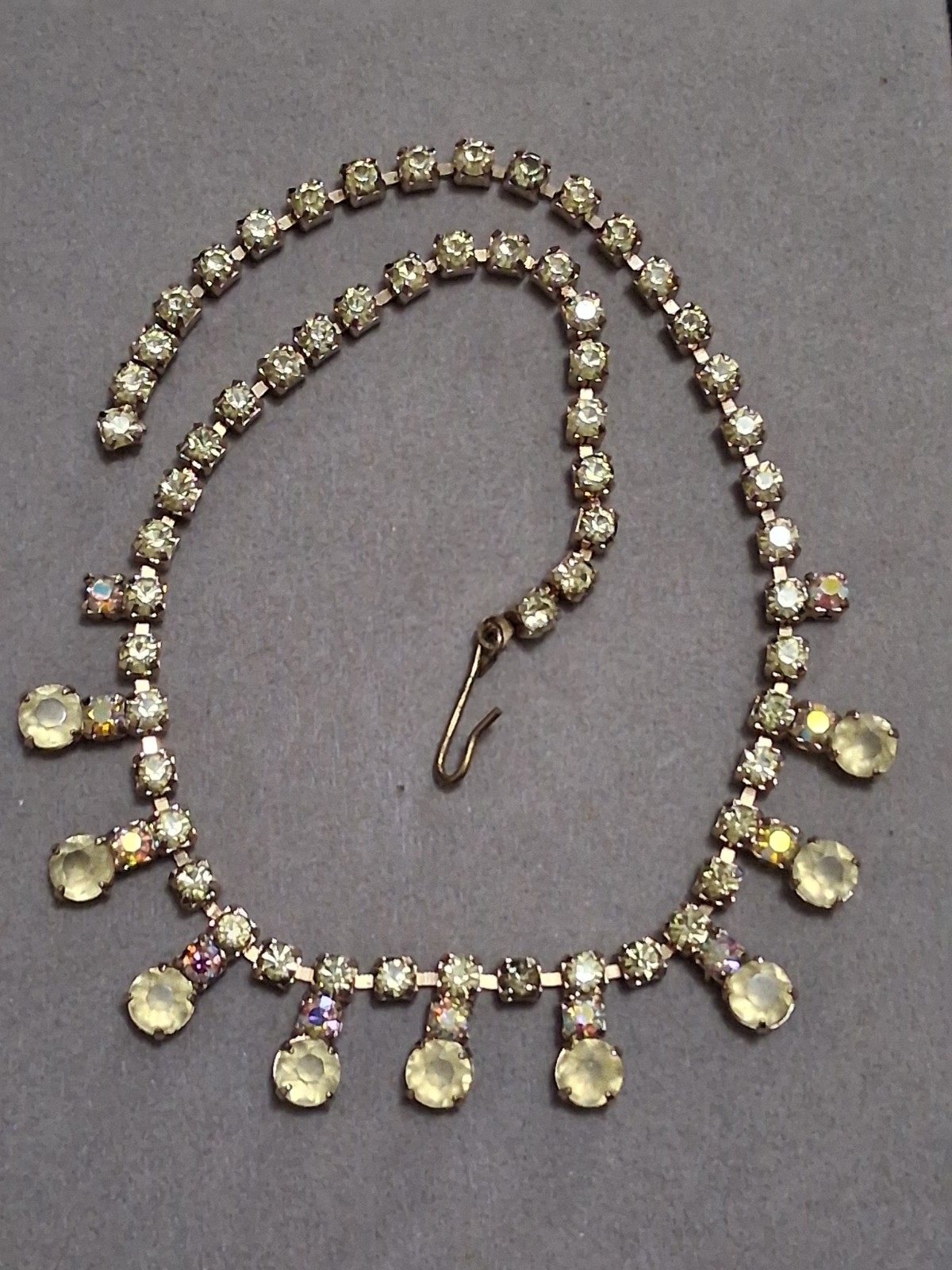 Frosted yellow jonquil crystal, faceted yellow rhinestone necklace w/aurora AB