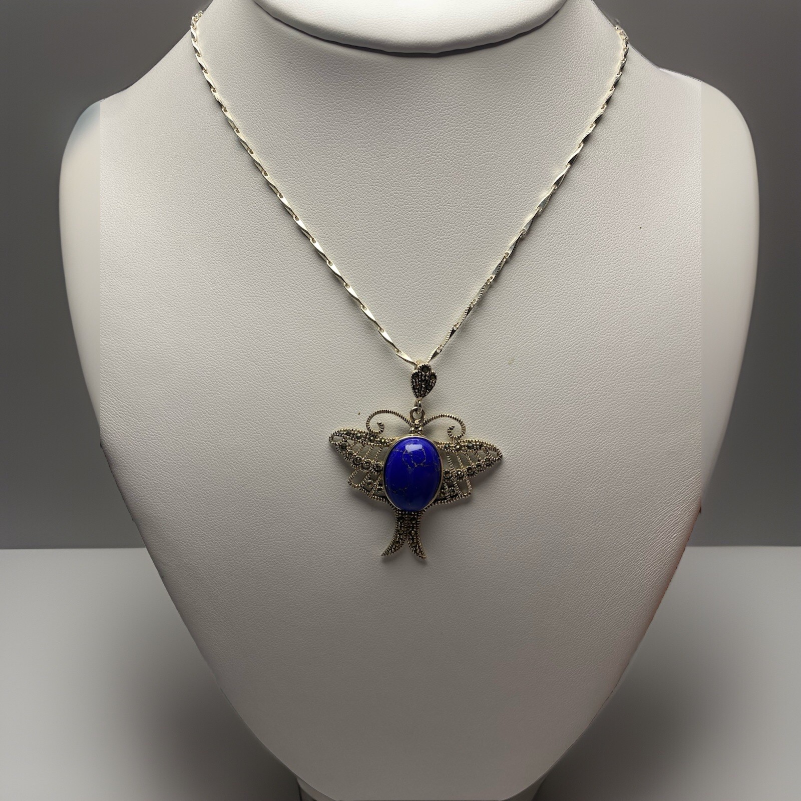 Vintage Sterling Silver 925 Butterfly Lapis Marcasite Pendant Necklace 20 in