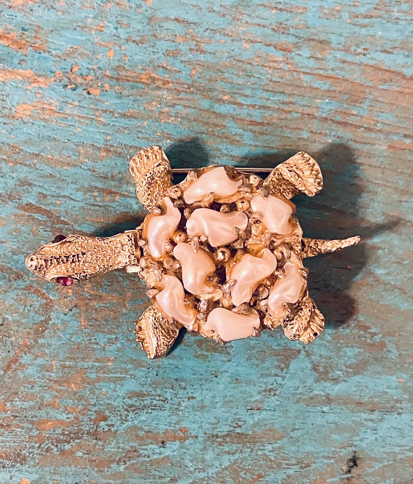 Vintage Baby Tooth Pearl TURTLE Hidden Locket Brooch Rhinestone Costume Jewelry