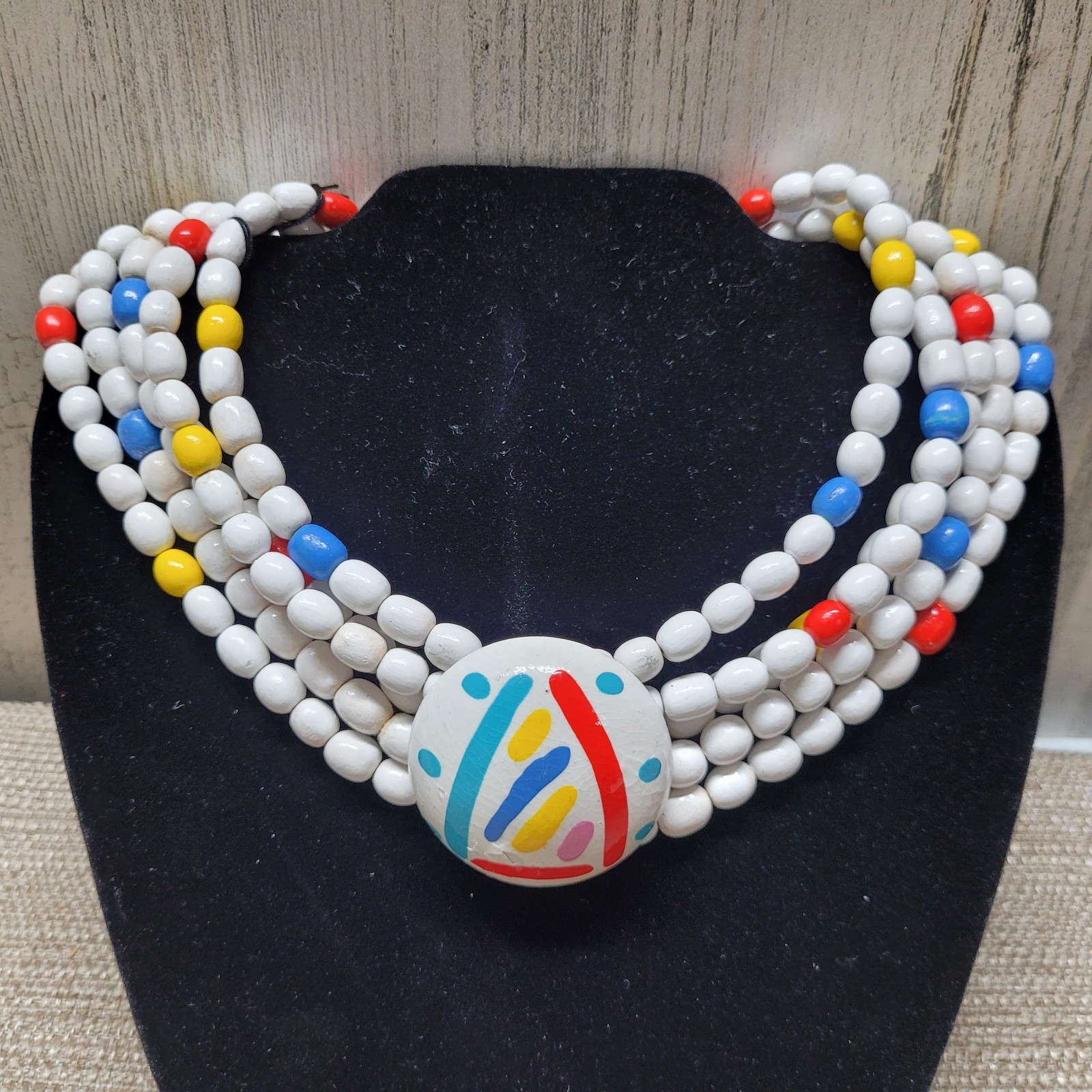 Ken Done Designed In Australia Wooden Colorful Beaded Statement 16″ Necklace