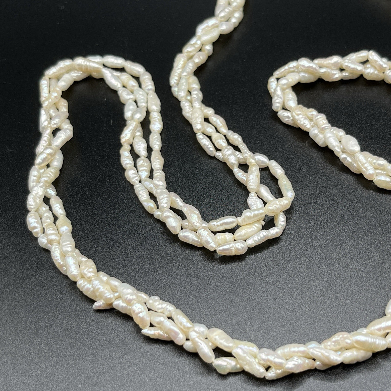 Vintage Freshwater Rice Pearl Necklace 3 Strand Twisted 28 in