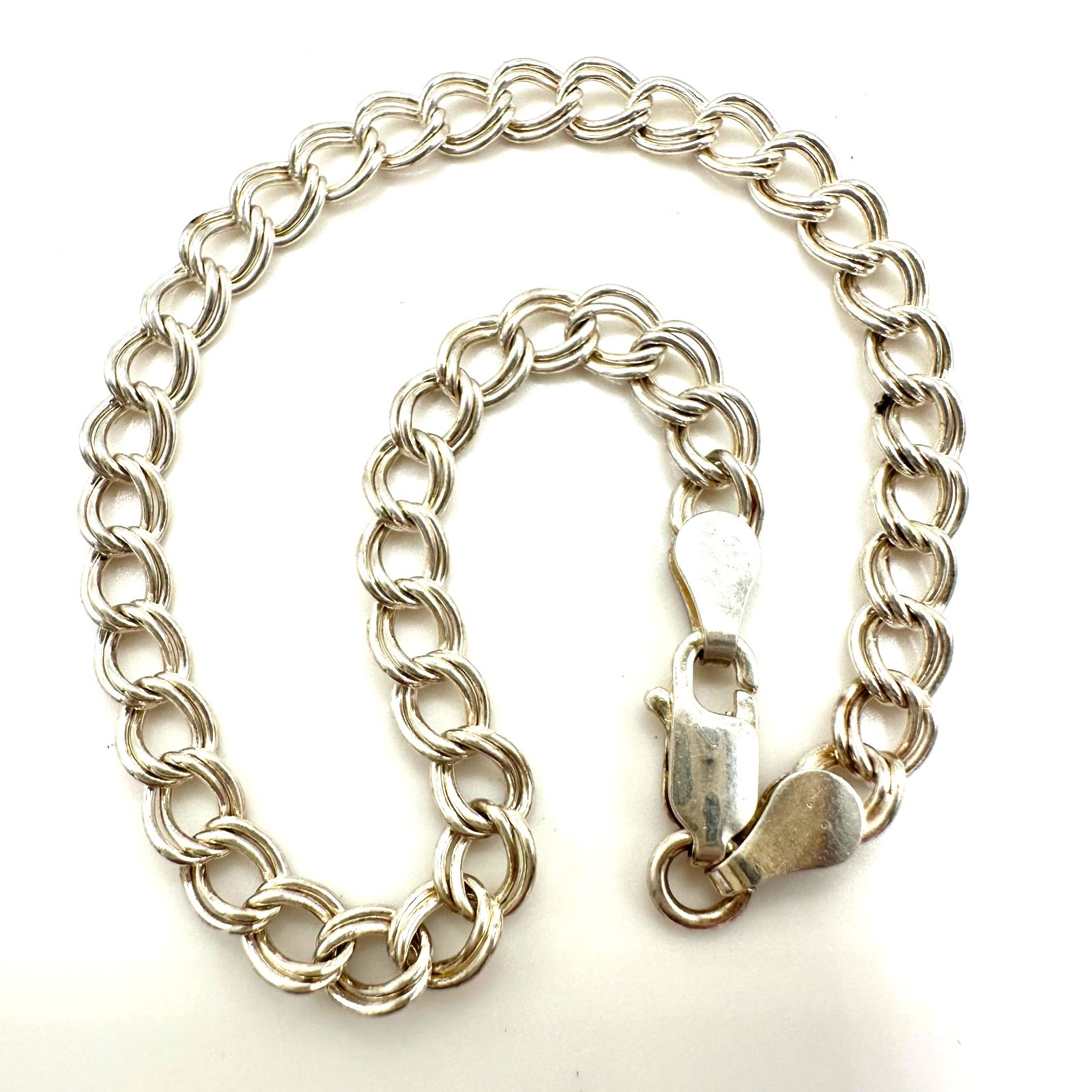 Italy 925 sterling silver double curb link chain starter charm bracelet 7.13″