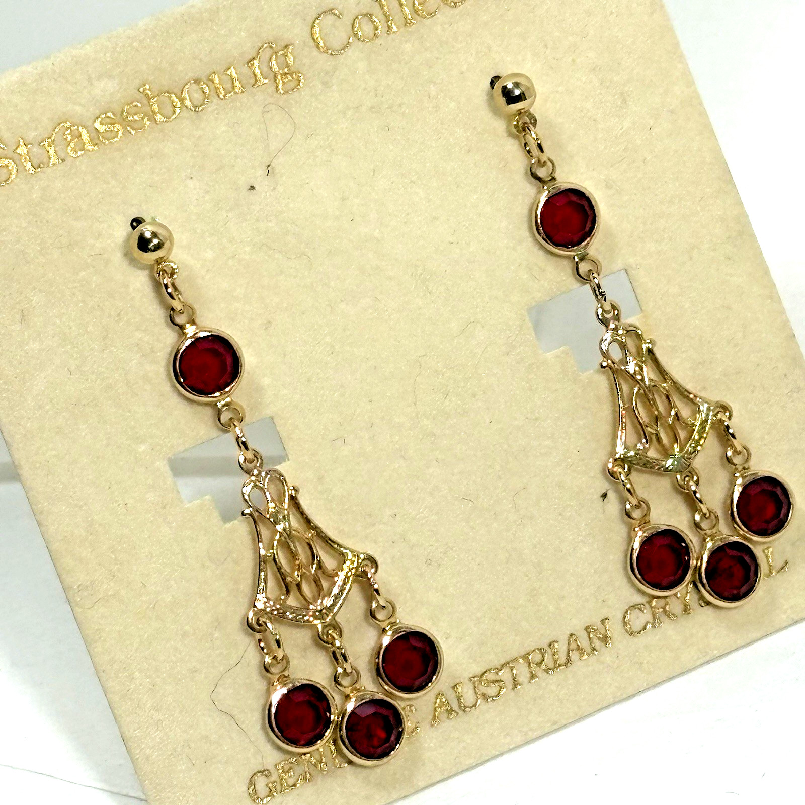 NOS Red Bezel Austrian Crystal Chandelier Earrings Pierced Post Dangle VTG 2.25″