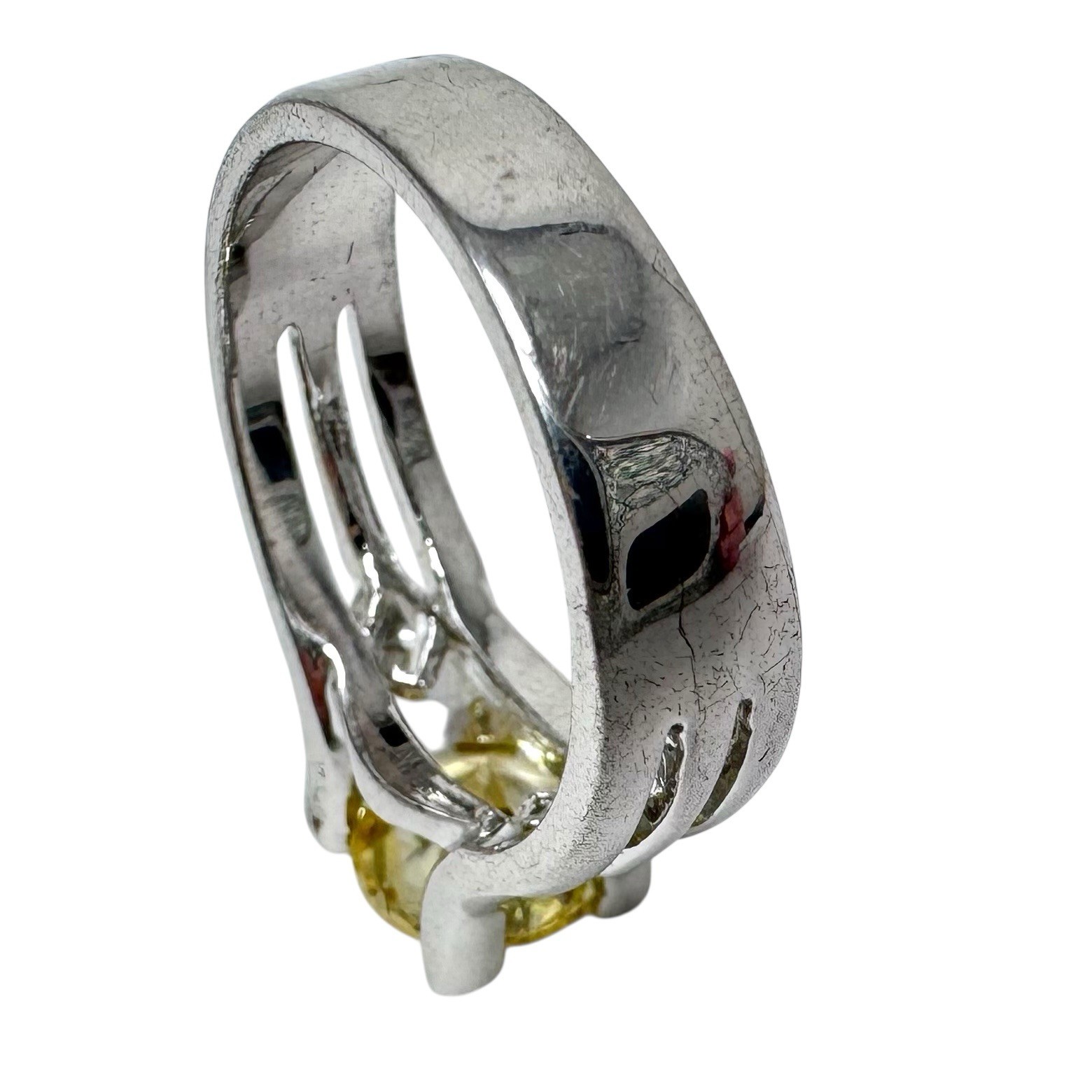 Vtg Silver Tone Yellow Round Crystal Solitaire Ring Clear Side Rhinestones 8.25