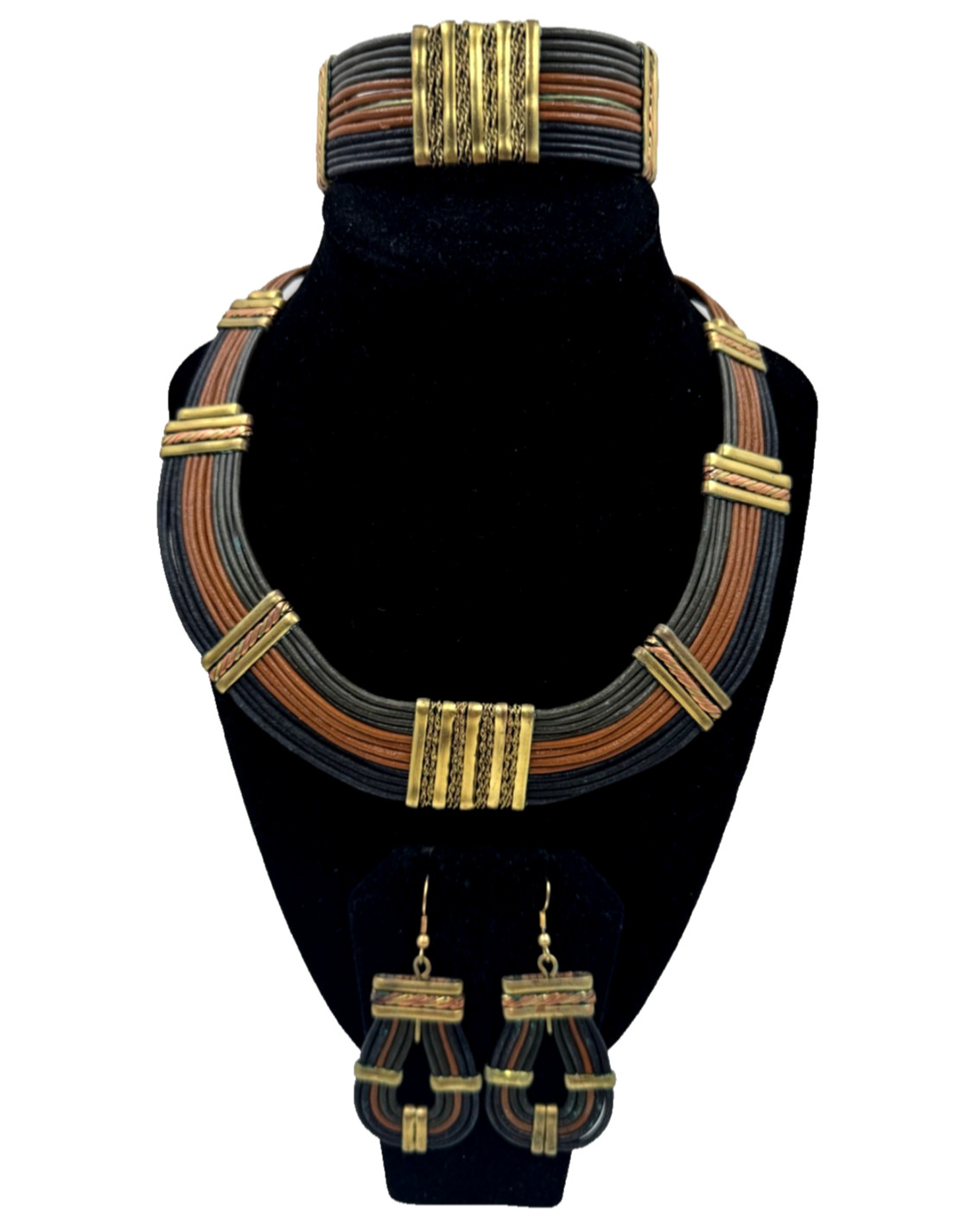 ETHNIC AFRICAN VINTAGE SET EARRINGS NECKLACE BRACELET GENUINE LEATHER CORD BRASS