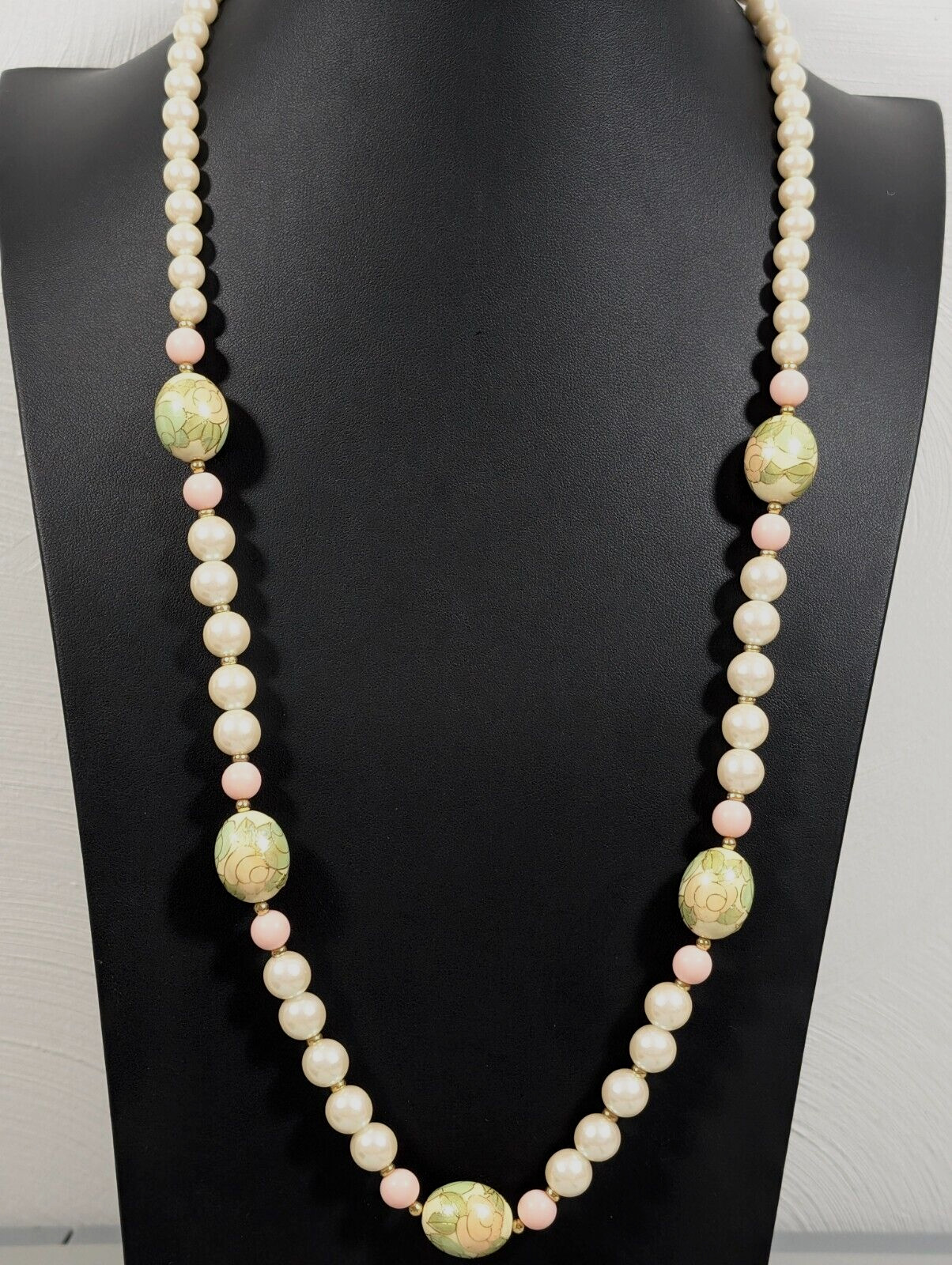 Vintage Peach Green Rose Flower Faux Pearl Beaded Necklace 30 in