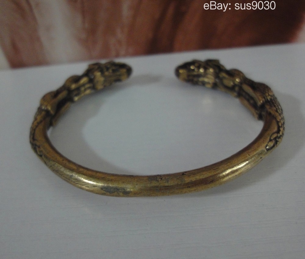 Solid Brass Double Ancient Dragons Figurine Statue Bangle 56MM