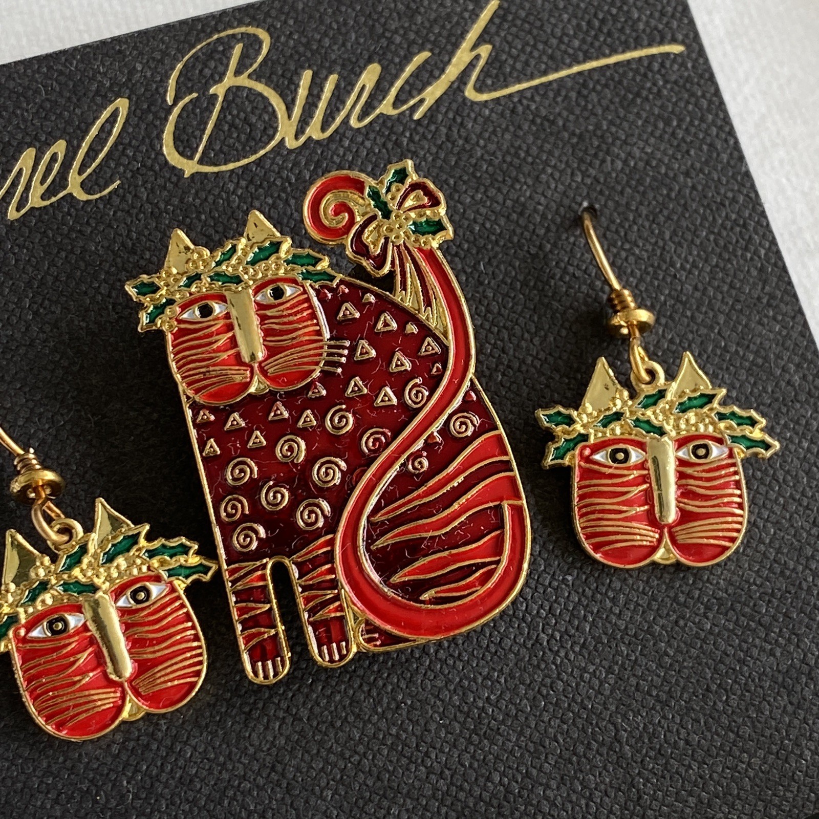 Laurel Burch Brooch and Earrings Set – Festive Feline – New Vintage Stock 1990’s