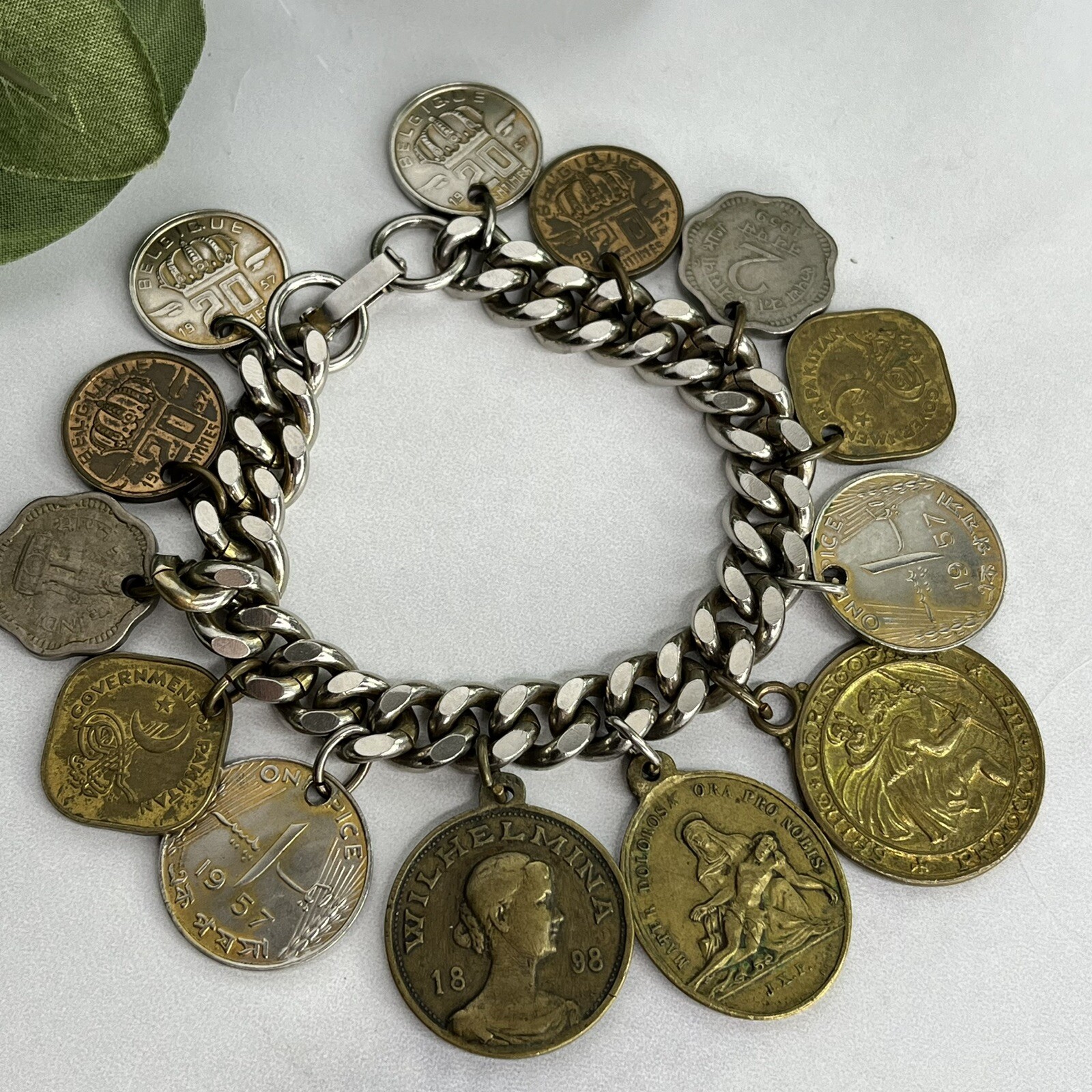 Vintage 13 Coin Charm Bracelet Belgium, India, Pakistan 1957 1959 1955 7”
