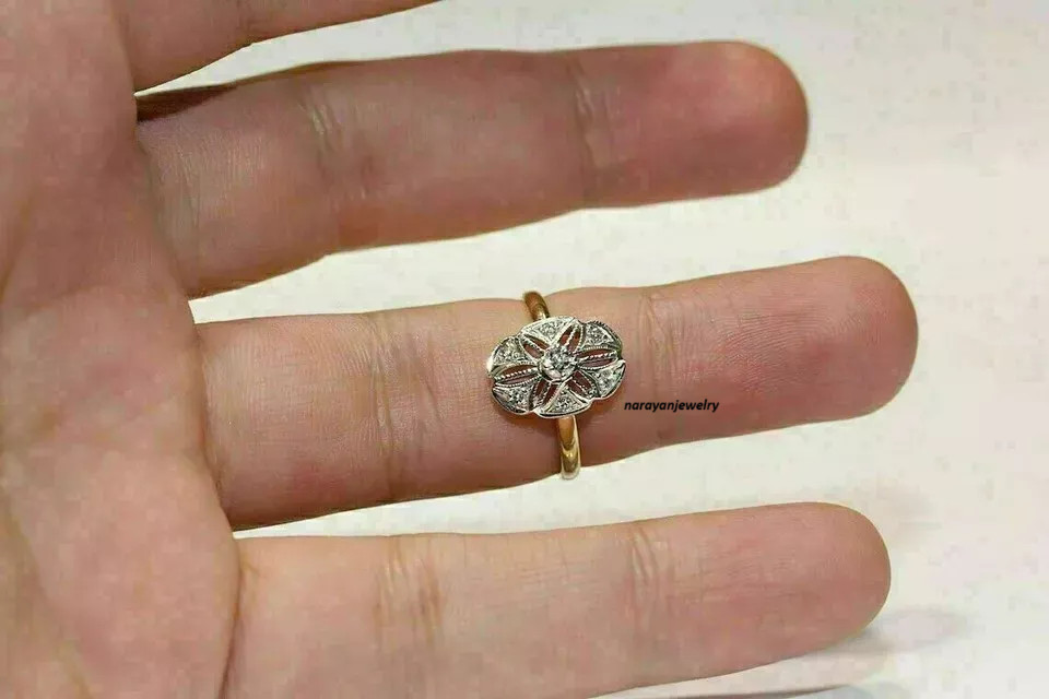 Art Deco Vintage 1.5Ct Round Lab Created Diamond 14K Yellow Gold Engagement Ring