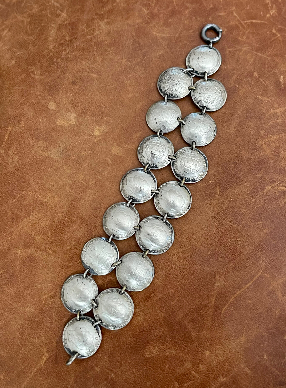 Old Great Britain Three pence .925 Sterling Coins Cupped Link Bracelet 6.25” In