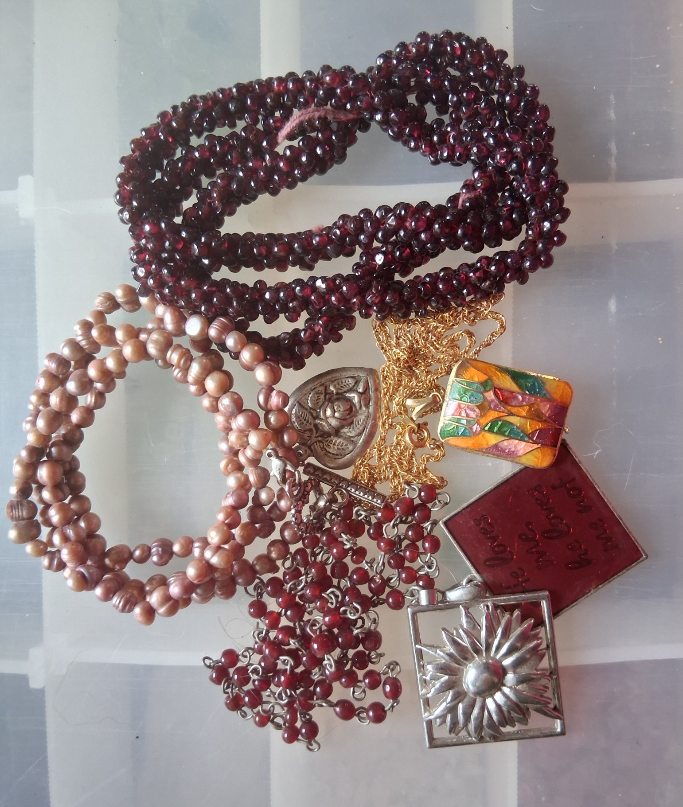 Lot of 4 necklaces garnet pearl cloisonne silver gold tone