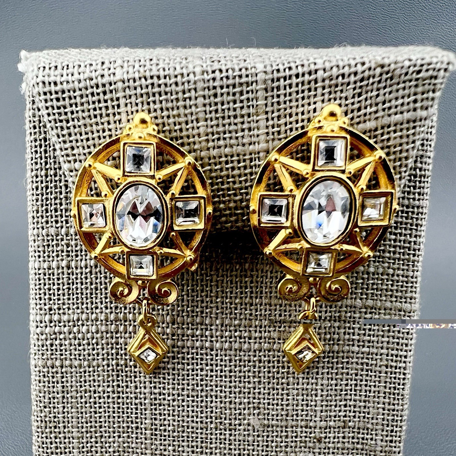Vintage Edgar Berebi Earrings Gold Tone Rhinestone Statement Clip Ons Signed