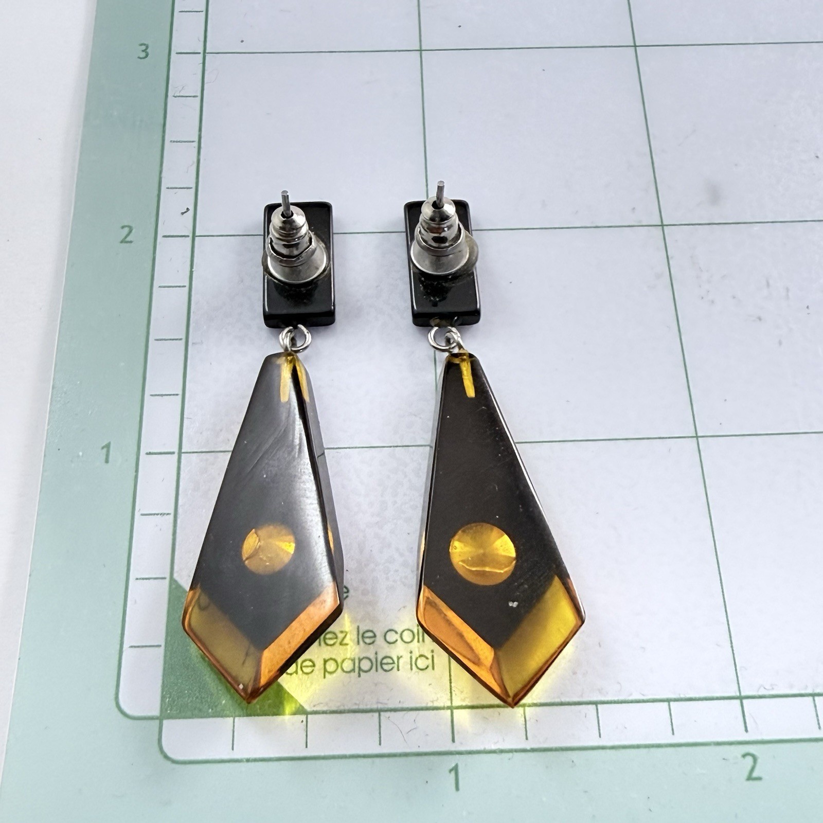 Vintage Black & Golden Color Lucite Rhinestone Dangle Pierced Earrings