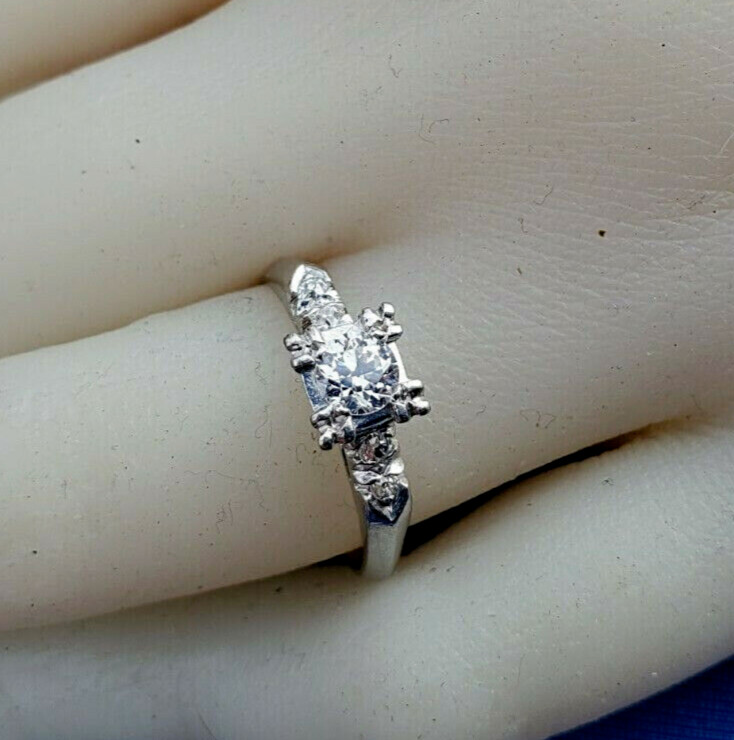 Original EARTH MINED DIAMOND Deco Engagement Ring Vintage PLATINUM Solitaire 6.5