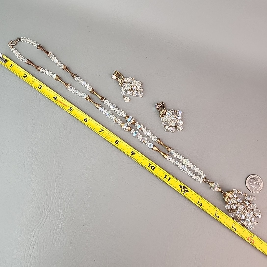 Vintage AB Glass Beaded Tassel Necklace Earrings Set Gold Tone Bar Links 26″