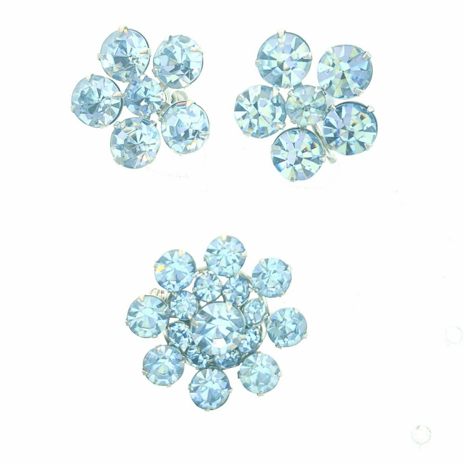 Aqua Blue Rhinestones Silvertone Earrings Brooch Set MINT