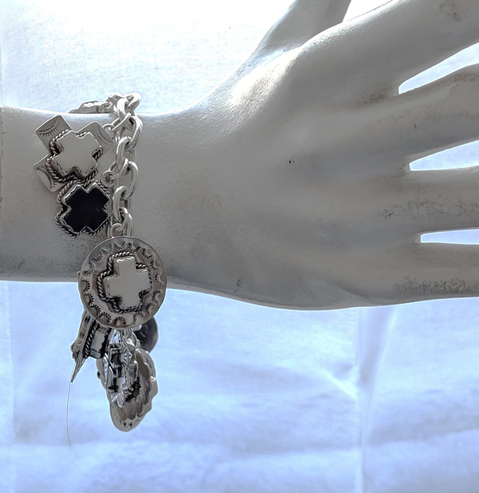 Joan Slifka Sterling 925 Heart Angel Cross Love Luck Charm Two Sided Bracelet
