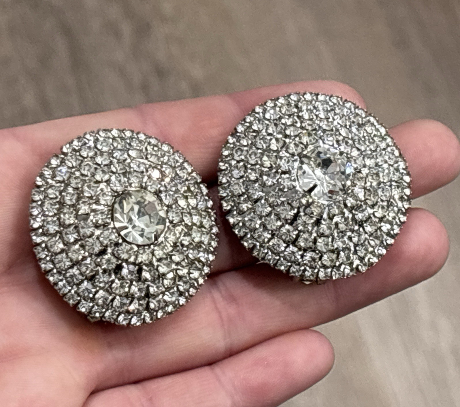 Vintage Rhinestone Dome Clip On Earrings Statement Huge Bold Glam Sparkle