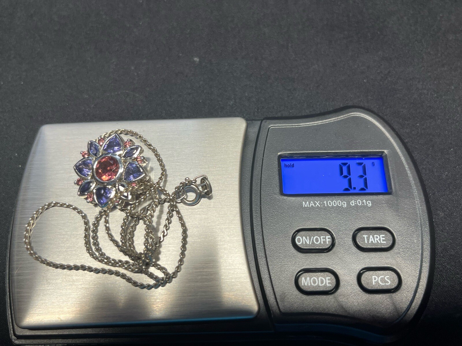 925 Sterling Silver 18” Necklace Flower Pendant Pink & Violet Rhinestones 9.3g