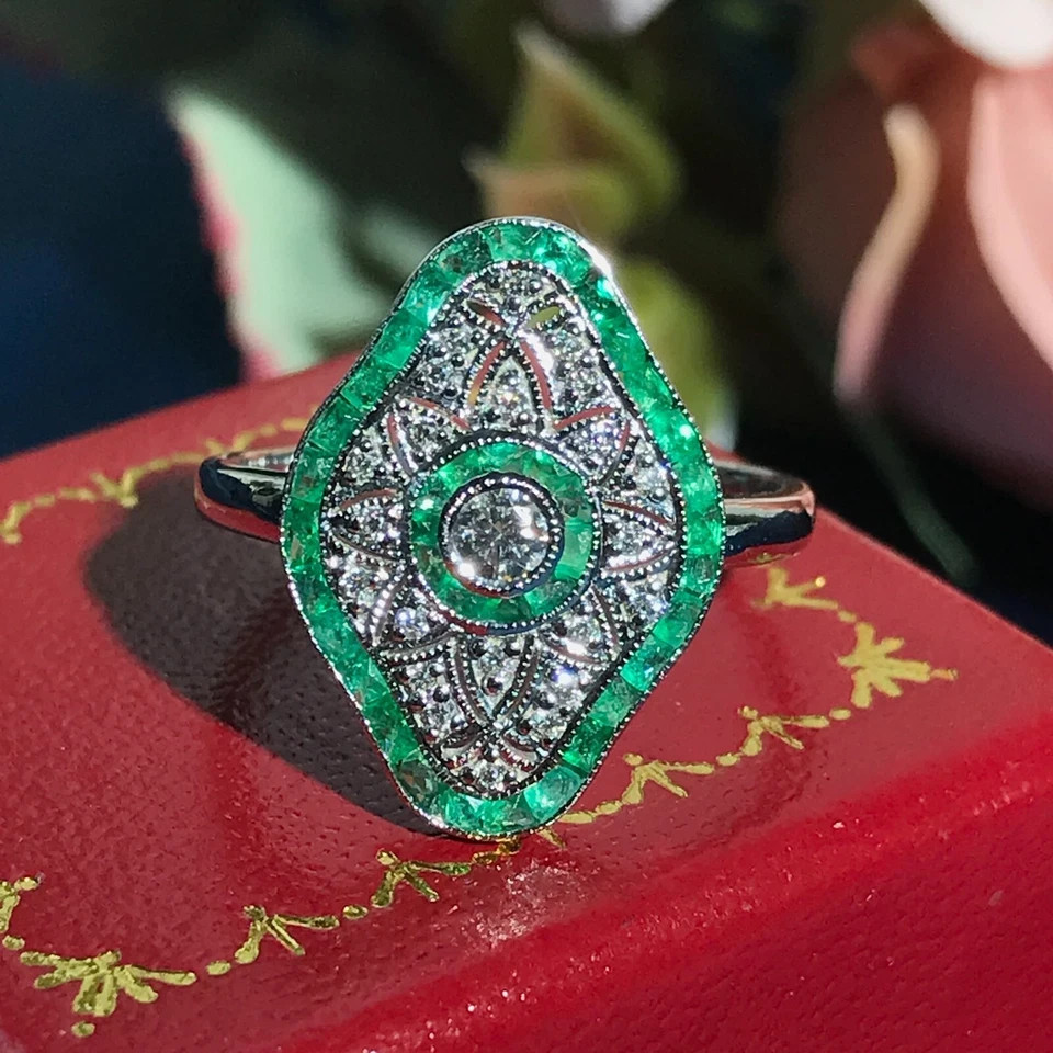 Art Deco Style Lab Created Diamond & Emerald Engagement 14K White Gold FN Ring