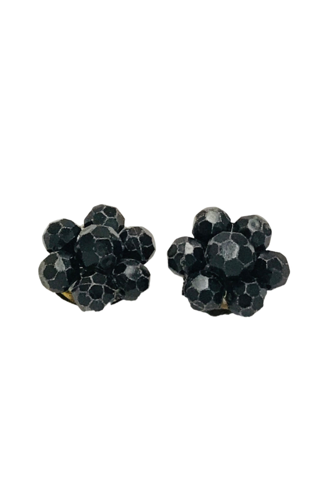 Vintage Hong Kong Japan Black Lucite Bead Cluster Clip On Earrings Black White