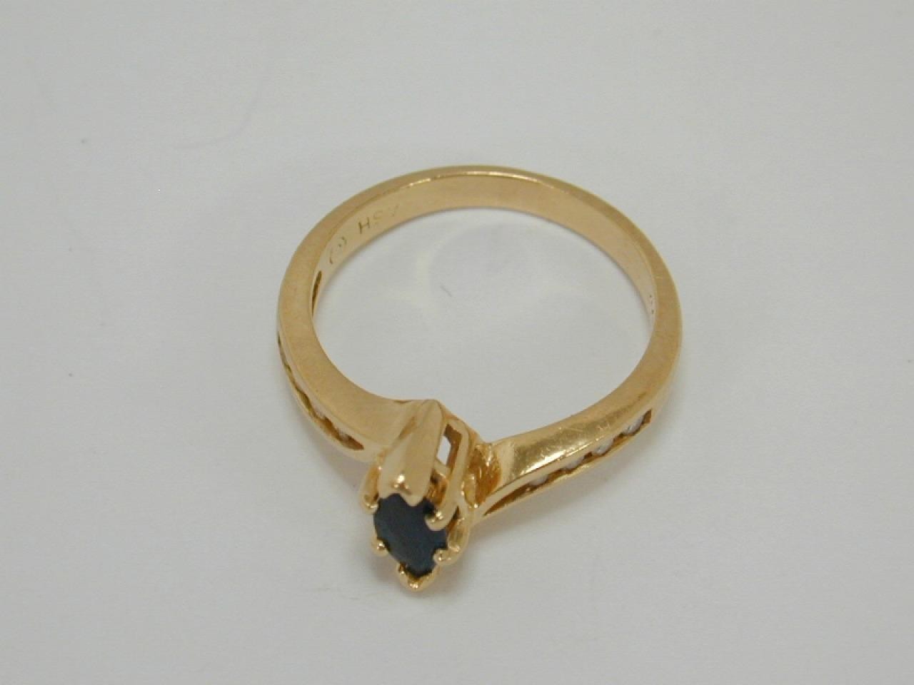 Vtg ASH 14K Yellow Gold Marquise Dark Blue Sapphire & Diamond Ring Size 7.5 585