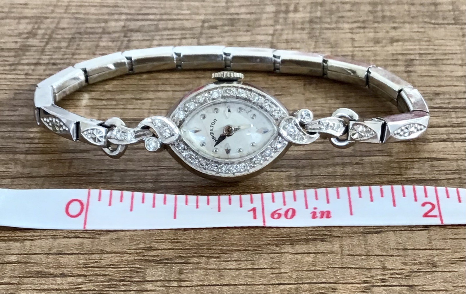 Works! EUC Vintage Antique Hamilton 14k White Gold 28 Diamonds Ladies Watch X57