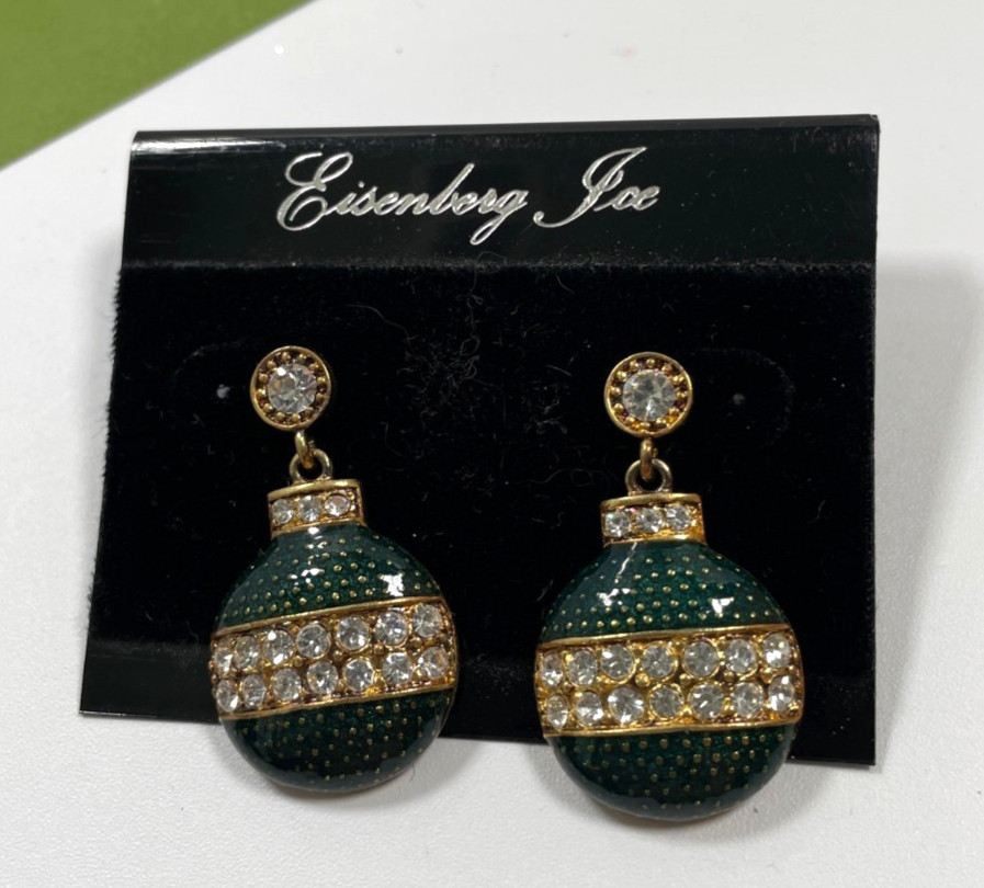 Vintage Signed Eisenberg Ice Green Enamel Christmas Ornament Dangle Earrings