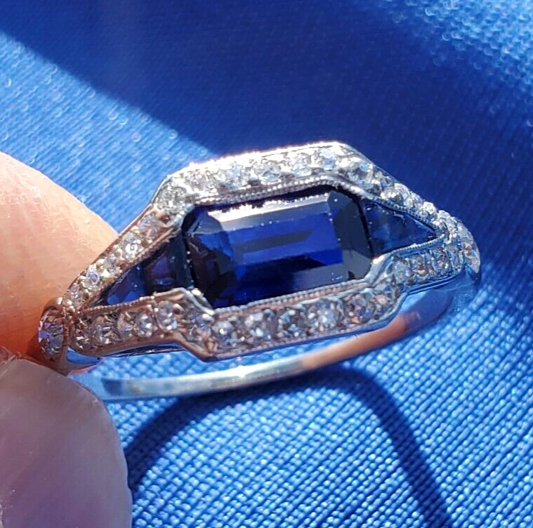 Original EARTH MINED SAPPHIRE DIAMOND ART Deco SOLID PLATINUM Engagement RING 6