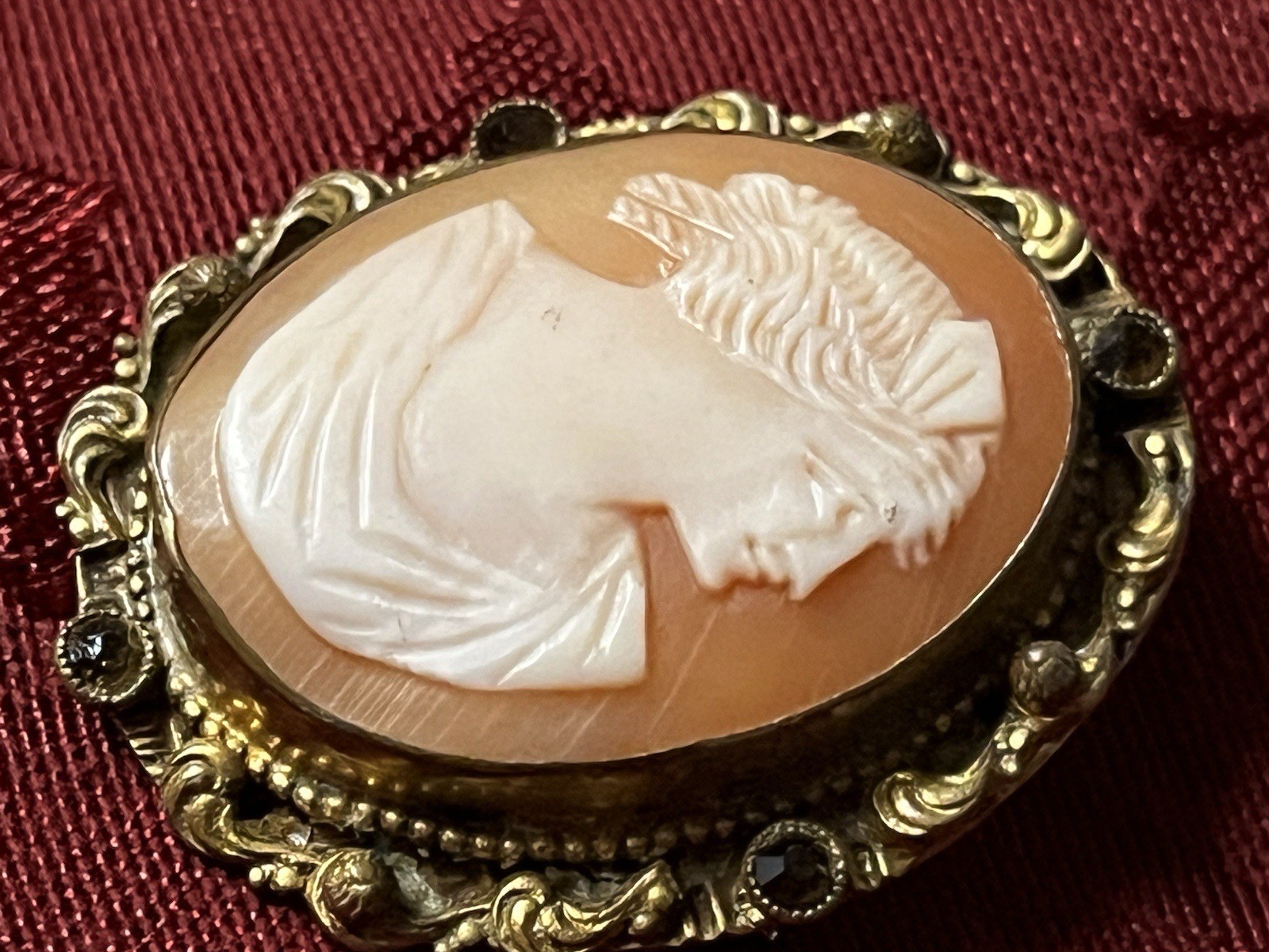 2 Antique Shell Cameo Brooches Pins One Is Ornate & Bejeweled