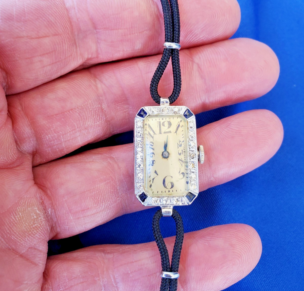 Original EARTH MINED DIAMOND Deco Sapphire Watch Antique PLATINUM Statement 1920