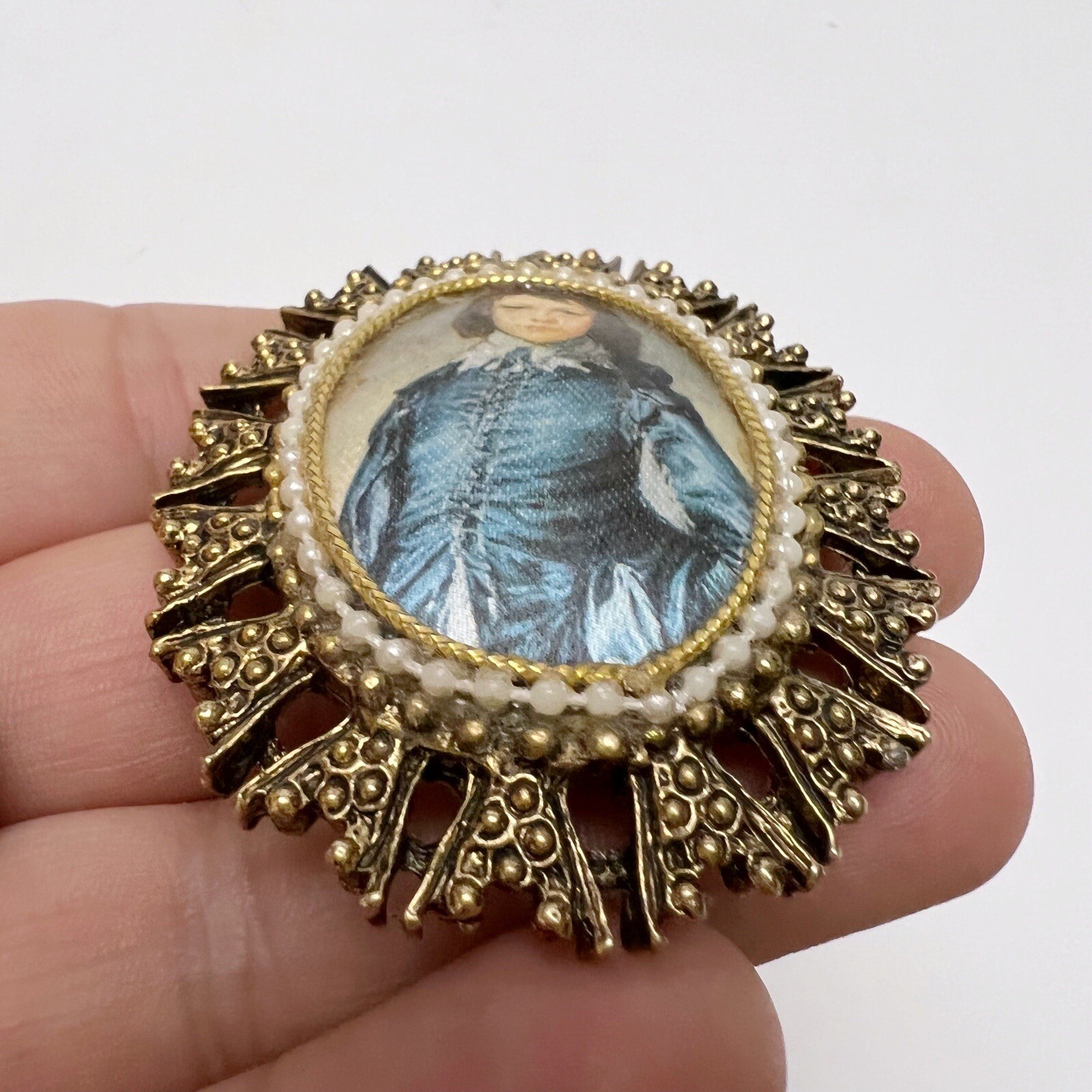 Vintage Victorian Revival Portrait of Boy Faux Pearl Fabric Oval Ornate Pendant
