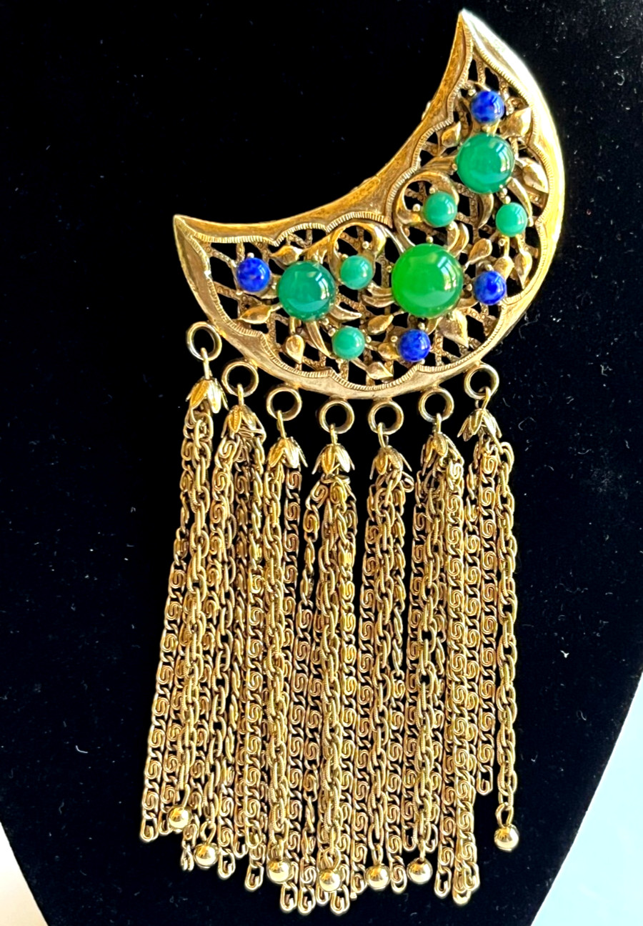 Lisner Vintage Crescent Moon Pin Brooch Jeweled Tassels Gold Tone Blue Green