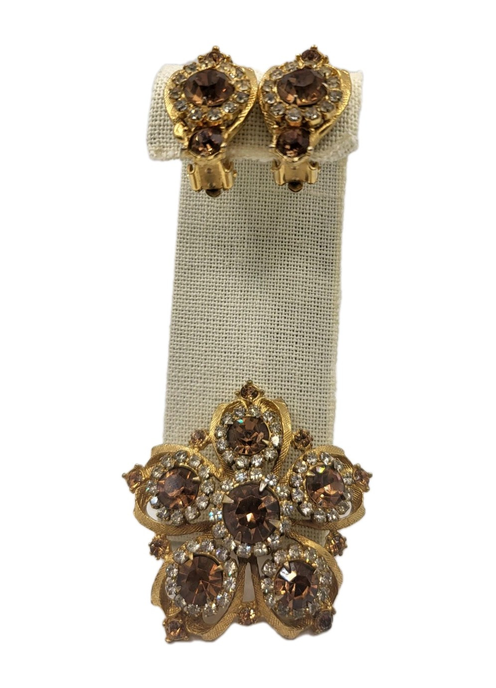 2-Pc Edlee Champagne & Ice Rhinestone Crystal Vintage Pin Brooch & Earrings Set