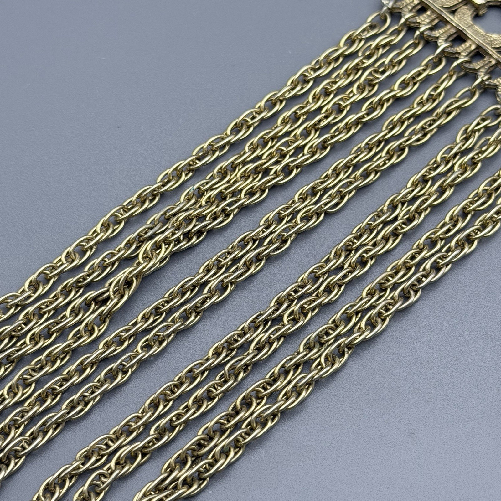VTG 60s Gold Tone Tassel Chain Necklace Abstract Geometric Pendant Statement
