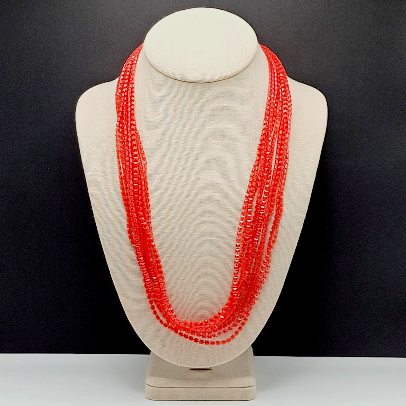 Vintage Red Multi Strand Plastic Square Beaded Solid & Clear Bead Necklace 48 In
