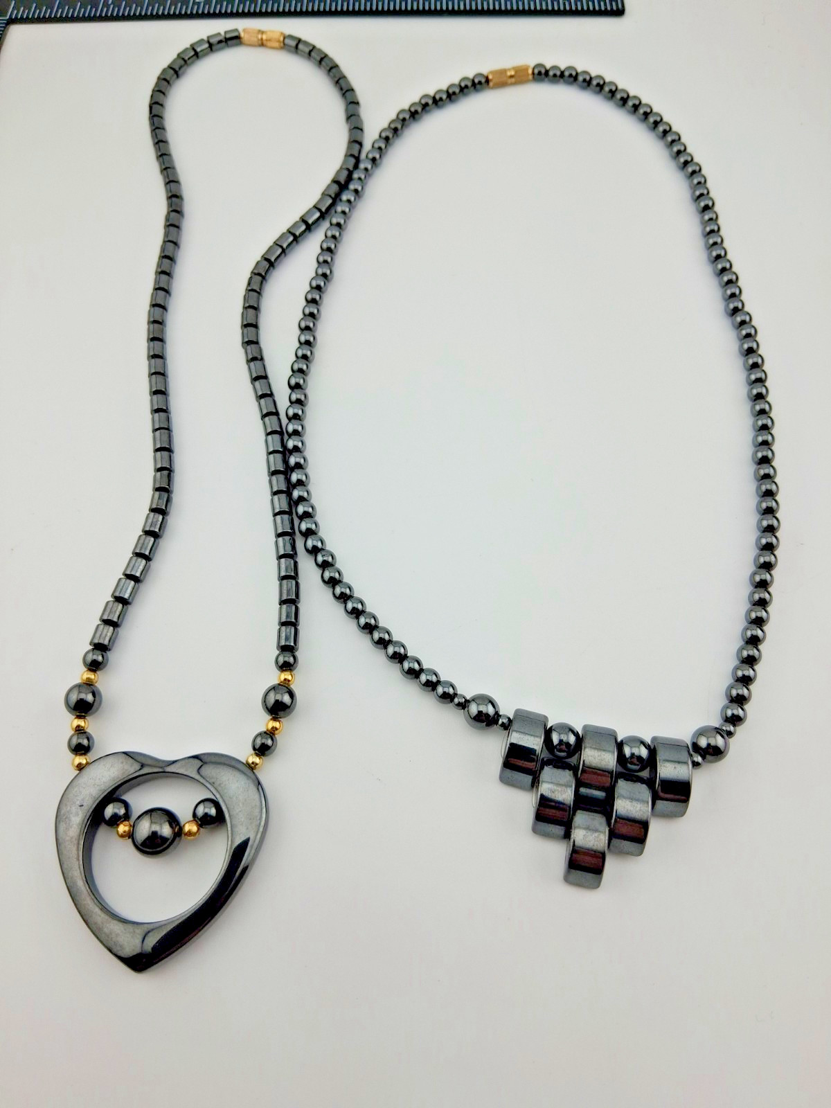 Lot of 2 Vintage Hematite Bead Necklaces Pendants 17, 18″