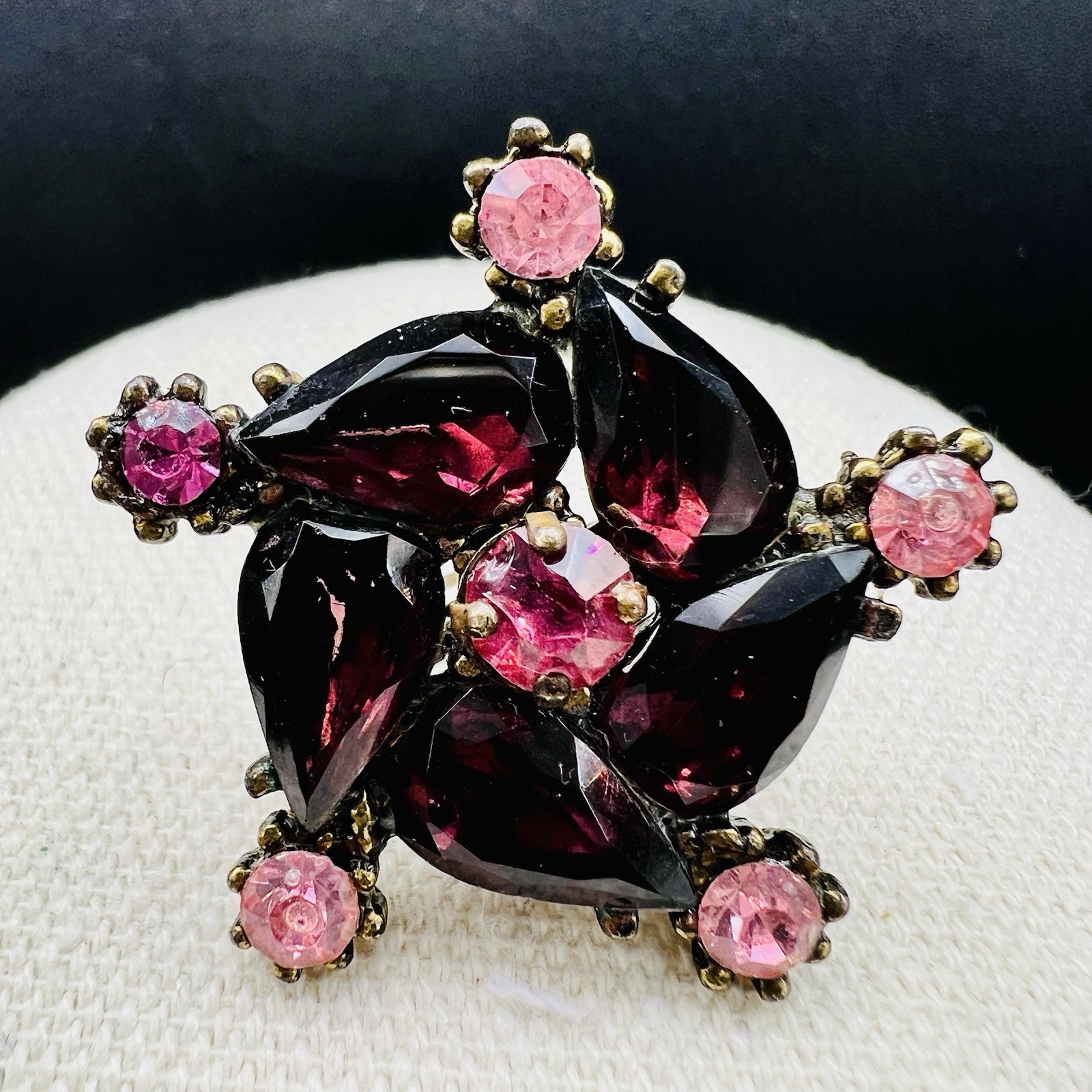 Vintage Garnet Red Plum Rhinestone Brooch Clip Earring Set Gothic Glam Statement
