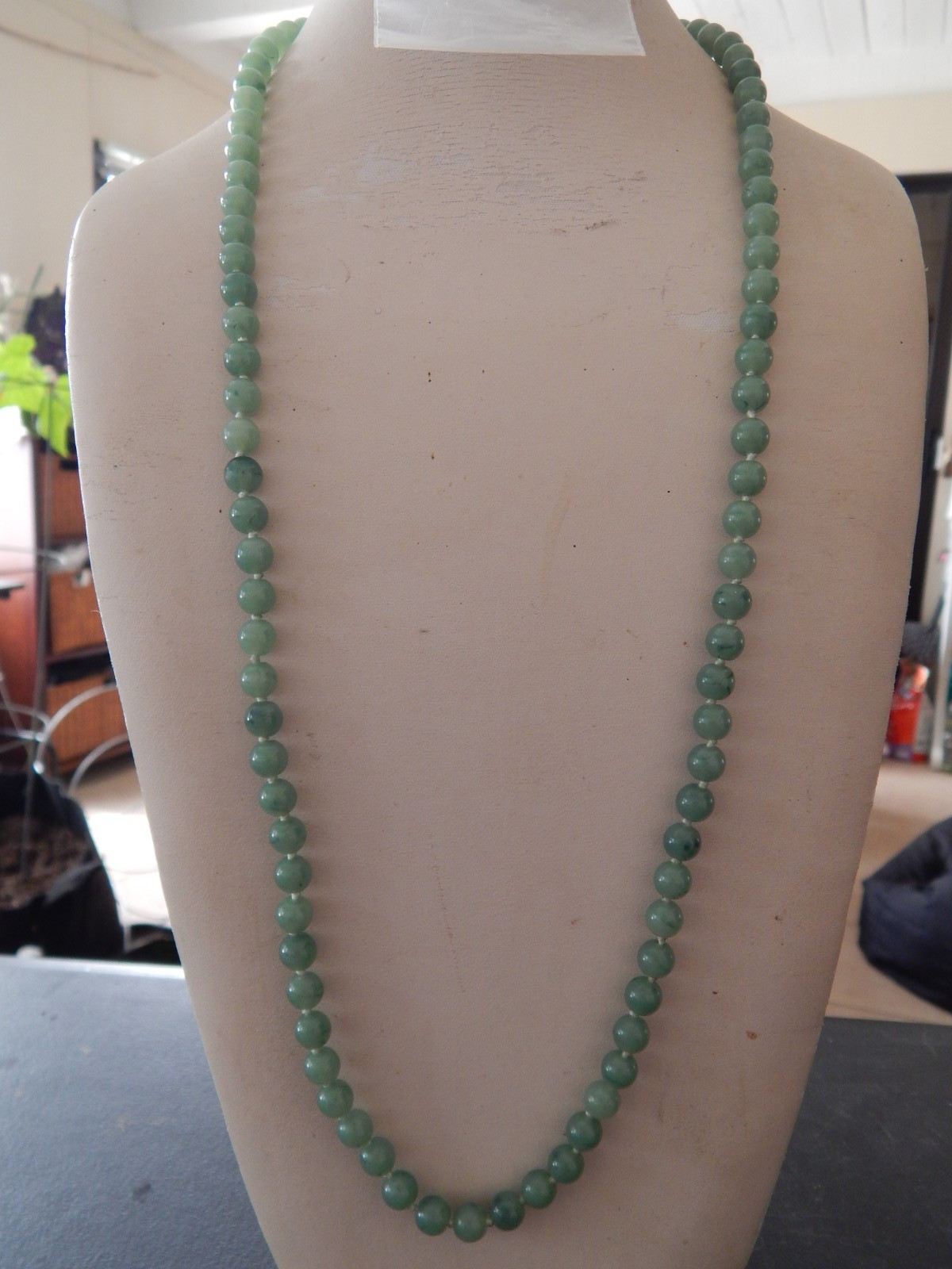 Vintage 30” TRIFARI Faux Jade Green Hand Knotted Acrylic Bead Necklace