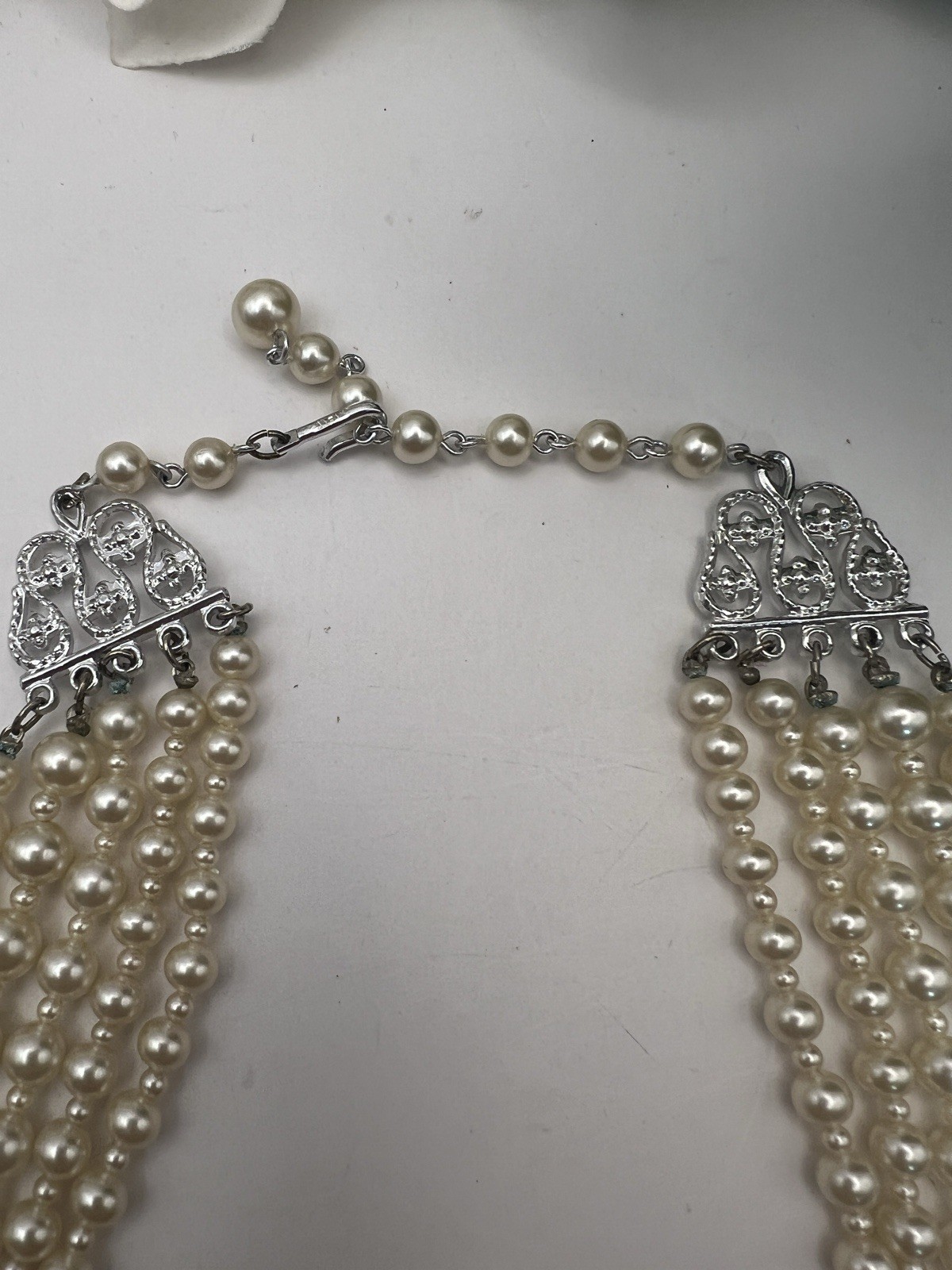 Multiple Strand Faux Pearl & Crystal Necklace Japan 16” Vintage